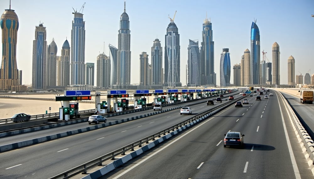 Dubai skyline with busy highways and road toll booths Dubai skyline with busy highways and road toll booths